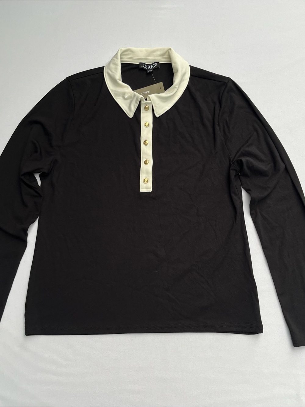 J.Crew Woman Black Classic Top Long Sleeves Cream Collar Polo Shirt Size XL NEW